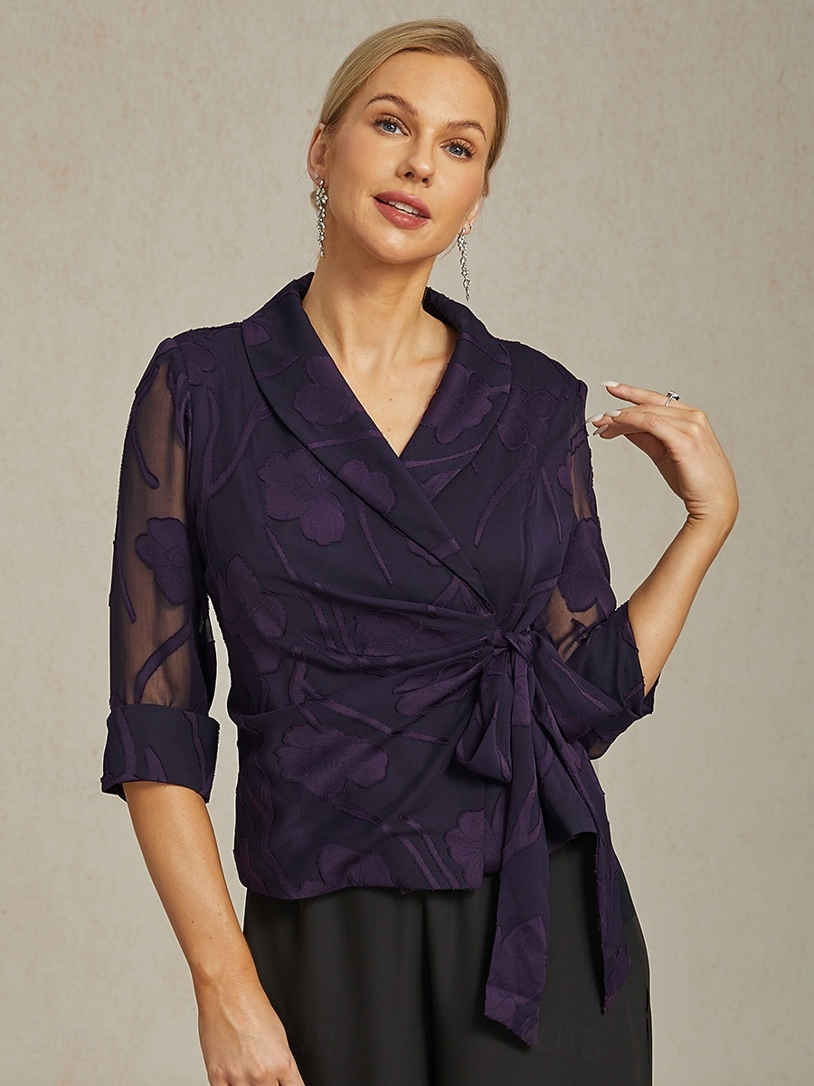 Women's Blazer Lightweight Lace Tie Knot Dressy Tunic Asymmetric Elegant Stylish Floral Wedding Guest Work Daily Open Front Regular V Neck Regular Fit 3/4 Length Sleeve Outerwear Eggplant Summer 2025 - $69.99 –P1