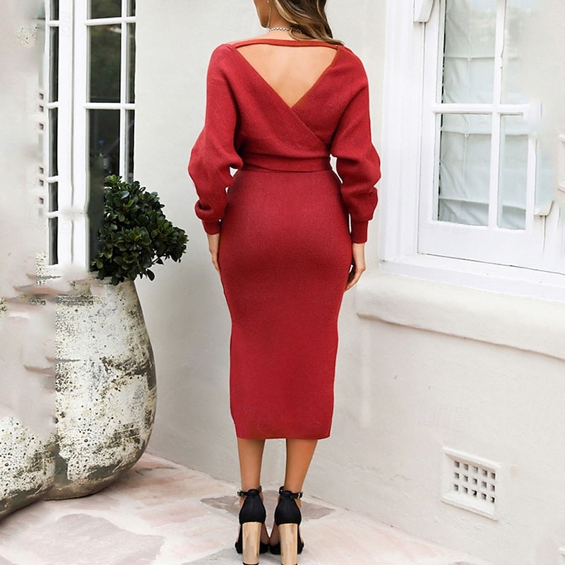 Dámské Midi šaty Svetrové šaty Pletené šaty Elegantní Módní Moderní Netopýří rukávy Dovolená Denní Jdeme ven Běžný Bez vzoru Dlouhý rukáv Do V Černá Rubínově červená Khaki Šedá Podzim Zima 2025 - $41.99 –P7