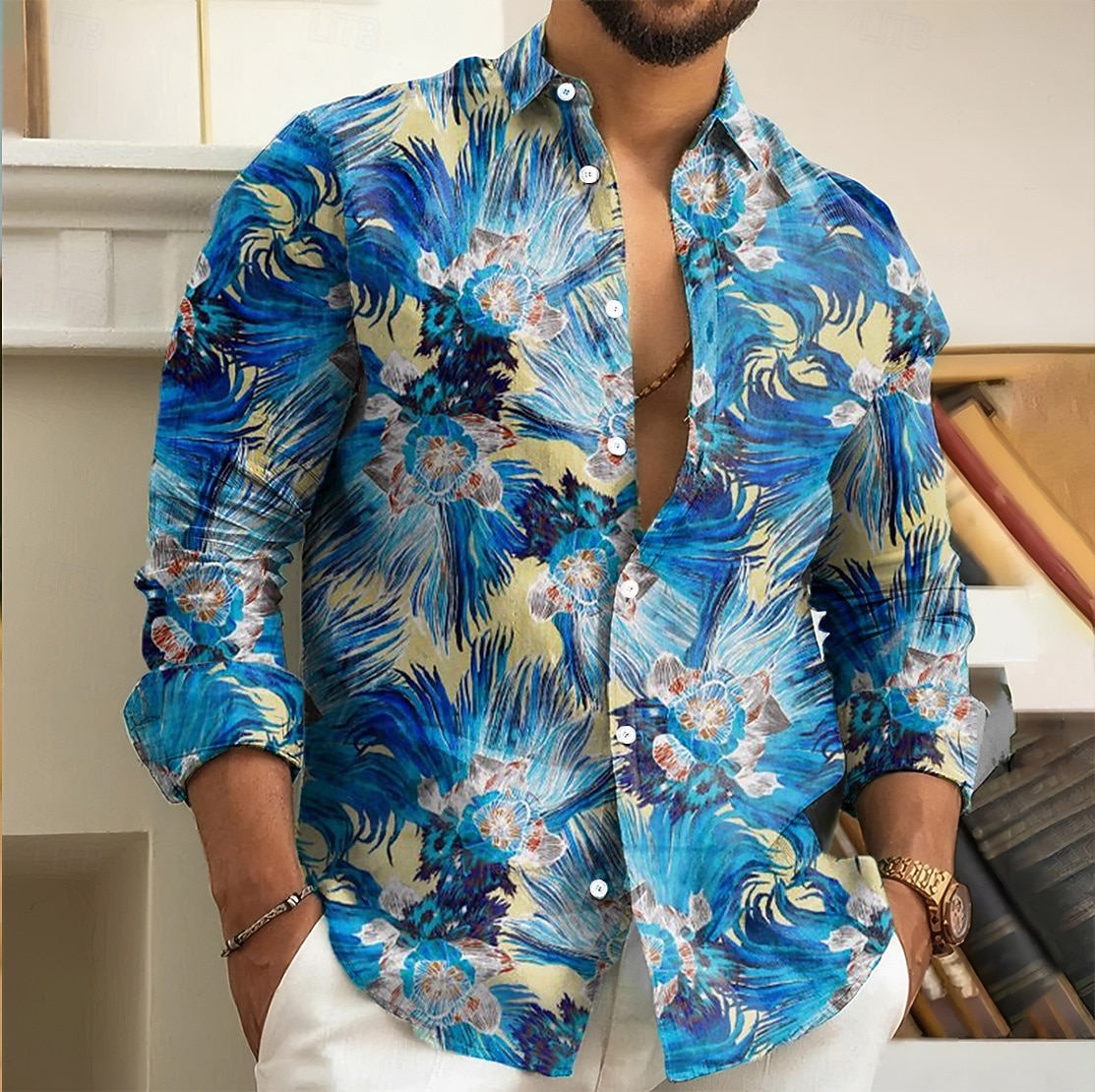Voor heren Bloemenprint Bloemen Overhemd Overhemd met knopen Lange mouw Mode-casual Feestdagen Casual / Dagelijks Lente Herfst Strijkijzer 3D-afdrukken shirts met kraag Geel blauw Oranje 2025 - $25.99 –P3