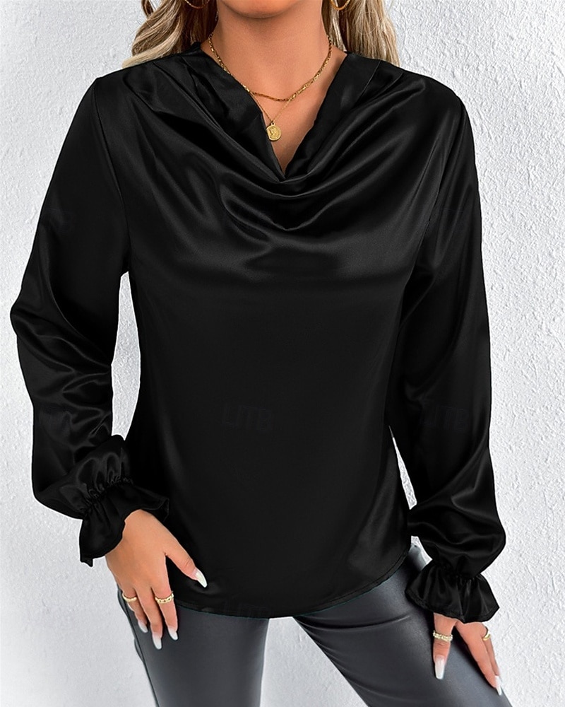 Жен. Рубашка Elegant Нарядный Атласный верх Драпировка Сплошной цвет Стиль На каждый день Длинный рукав Вырез-хомут Обычные топы Повседневные На выход Черный Розовый Зеленый Абрикосовый Весна Осень 2026 - $27.99 –P11