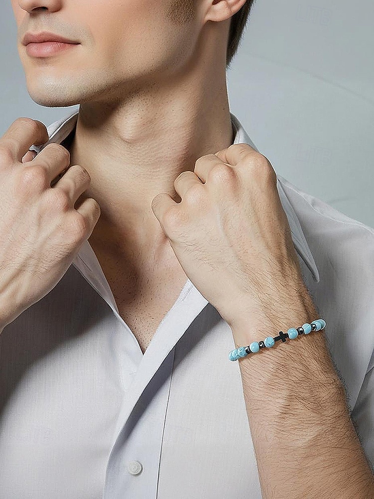 Men's Natural Stone Beaded Bracelet with Cross Charm, Adjustable Stretch Wristband, Spiritual Jewelry for Christmas Gift, Parties and Daily Wear 2026 - $9.99 –P3