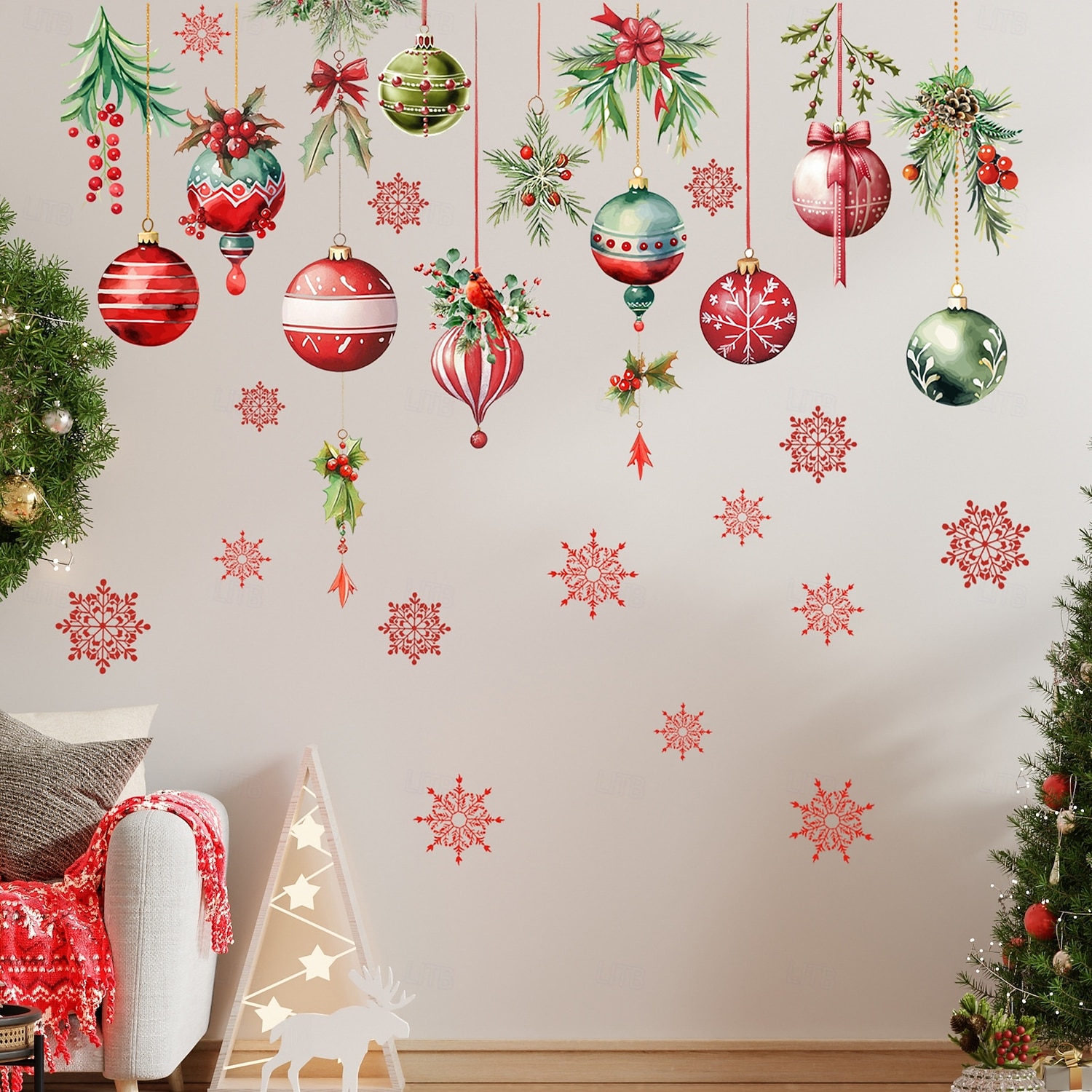 Christmas Sticker Wall Decals Snowflake Colorful Ball Pinecone Hanging Ornament Removable Vinyl Mural Holiday Party Living Room Glass Window Door Background Decoration For Home 2025 - $11.99 –P5