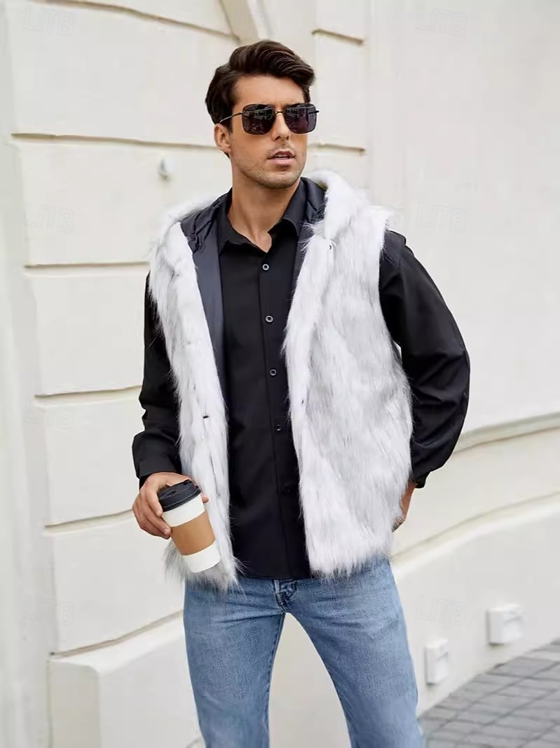 Herren Fleeceweste Kapuzenweste Kunstpelz-Mantel Urlaub Lässig Alltagskleidung Ausgehen Mode Basic Herbst Frühling & Herbst Mit Kapuze Acryl Kunstpelz Bequem Einfach Reisverschluss V Ausschnitt 2026 - $51.99 –P2