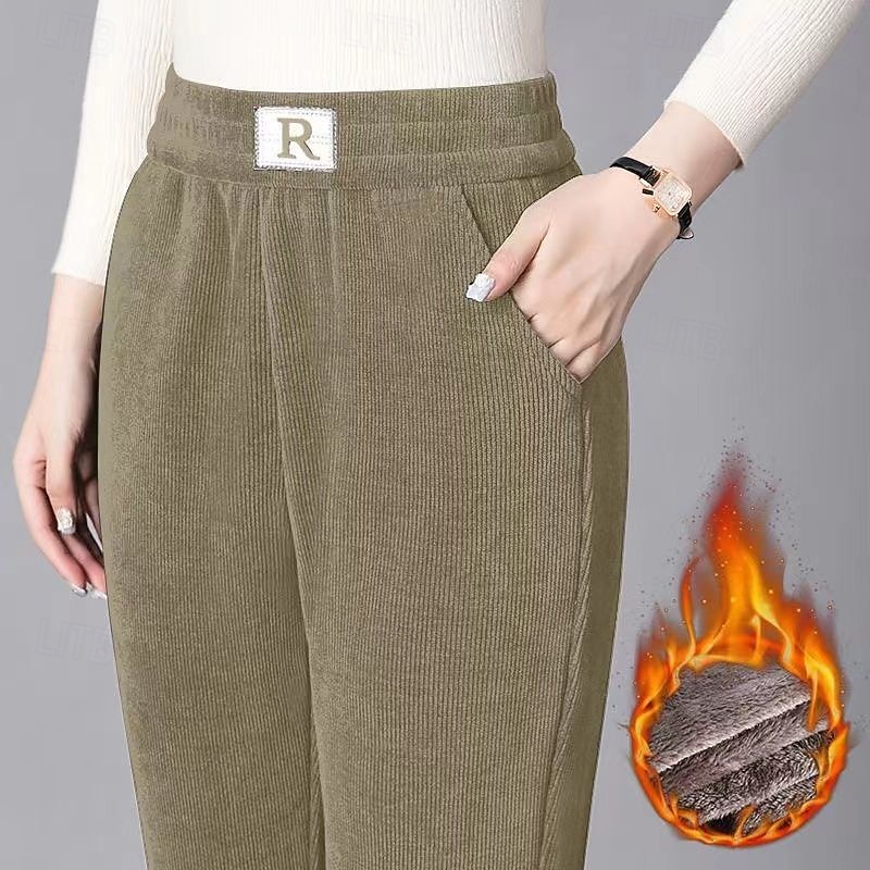 Women's Straight Casual Full Length Mid Waist Plain Pocket Elastic Waist Thermal Warm Micro-elastic Vacation Street Holiday Black Khaki Coffee Winter Regular Fit 2025 - $20.99 –P8