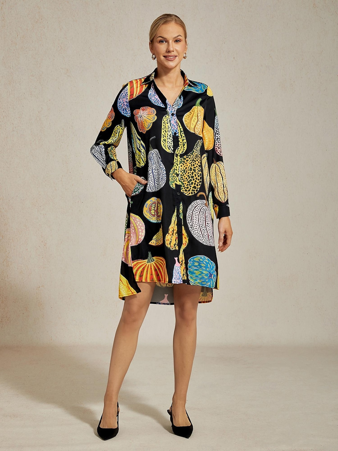 Women's Black Pumpkin Print Shirt Dress V Neck Loose Fit Asymmetrical Hem Split Design Elegant Stylish Daily Work Party Fall 2025 - $97.99 –P1