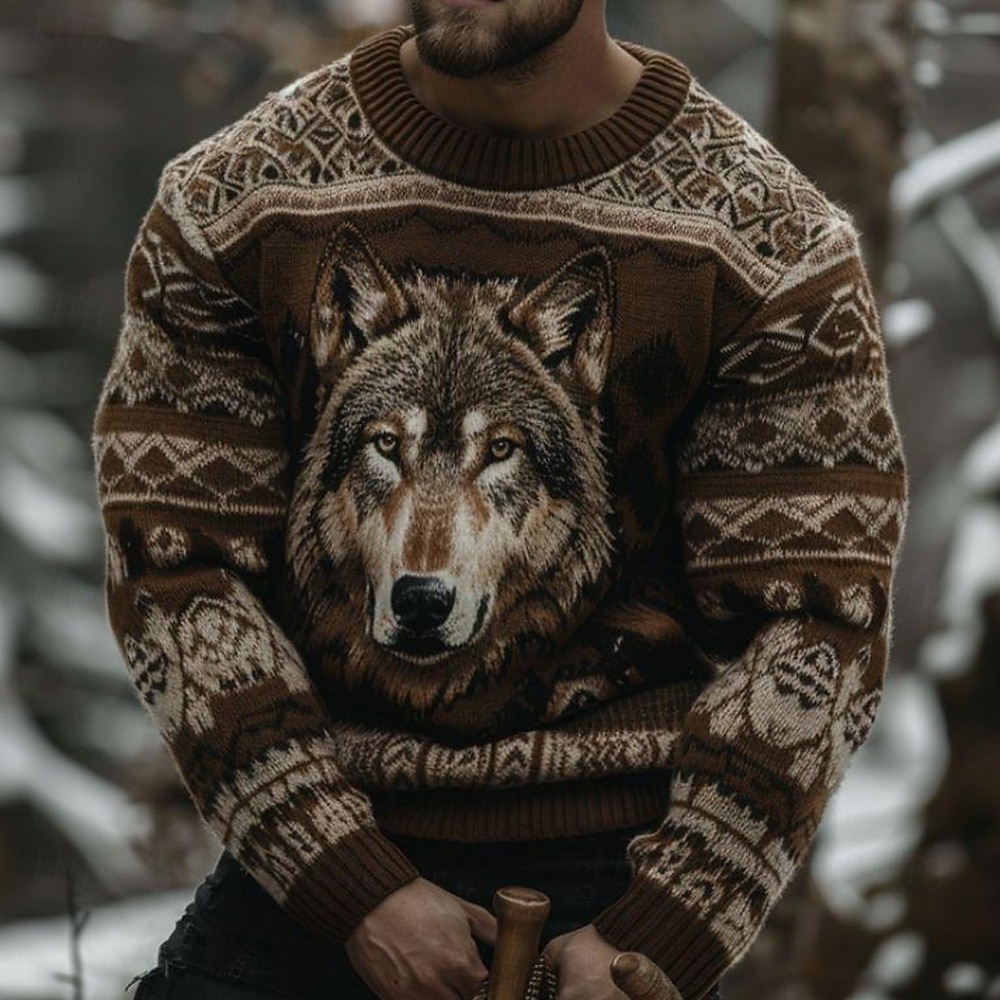 Herren Tiermotiv Wolf Pullover Fair Isle Sweater Strickware Rundhalsausschnitt Lässig Urlaub Täglich 3D-Druck warm halten Langarm Frühling Herbst Winter Braun 2025 - $32.99 –P1