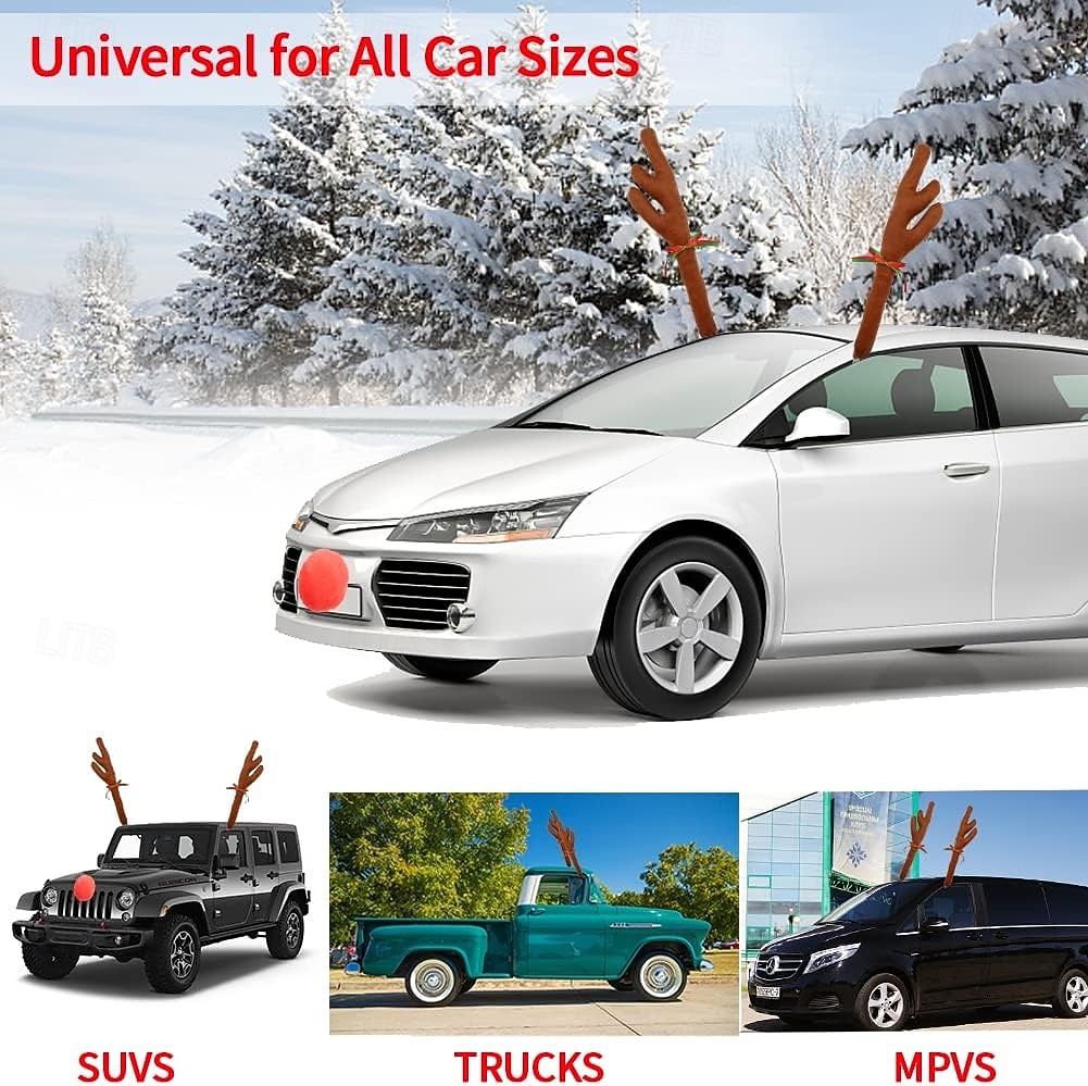 рождественская машина оленьи рога &рождественские украшения для носа, лучше всего подходящие для окон и крыш &Комплект для установки решетки радиатора Rudolph Reinhardt - праздничные аксессуары для 2025 - $10.99 –P5