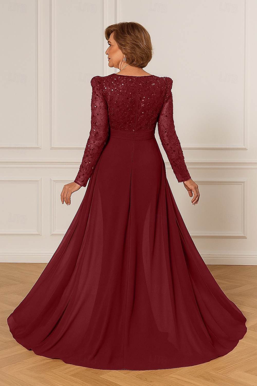 Combinaisons Robe de Mère de Mariée  Élégant Éclat & Brillance Col en V Longueur au sol Chiffon manche longue avec Ceinture / Ruban Paillettes de 2025 ? $169.99 –P2