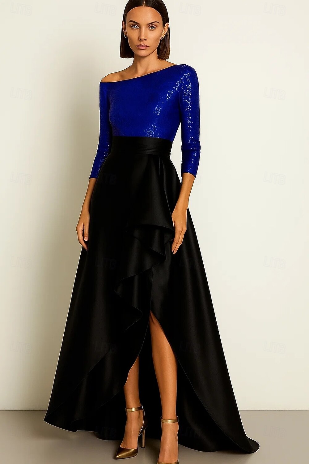 schwarz-goldenes A-Linien-Abendkleid, elegantes Abendkleid, formelle Hochzeit, asymmetrisch, 3/4-Ärmel, ein Schulterstück, Stretch-Pailletten-Satin mit Rüschen, Schlitz 2025 2025 - $159.99 –P4