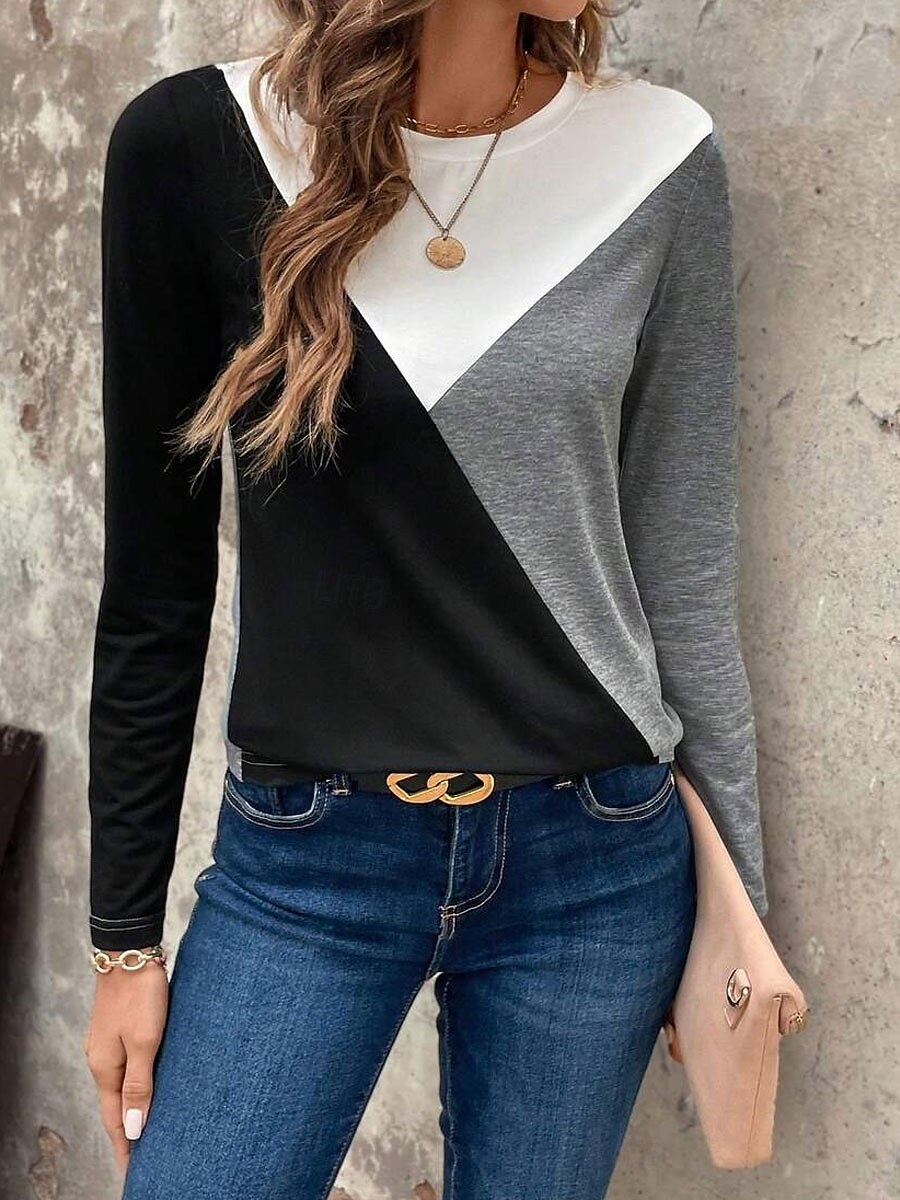 Жен. Футболка Графика Геометрический принт Винтаж Стиль Классика Длинный рукав Вырез под горло Обычные топы Повседневные С принтом Серый Весна Осень Зима 2025 - $22.99 –P2