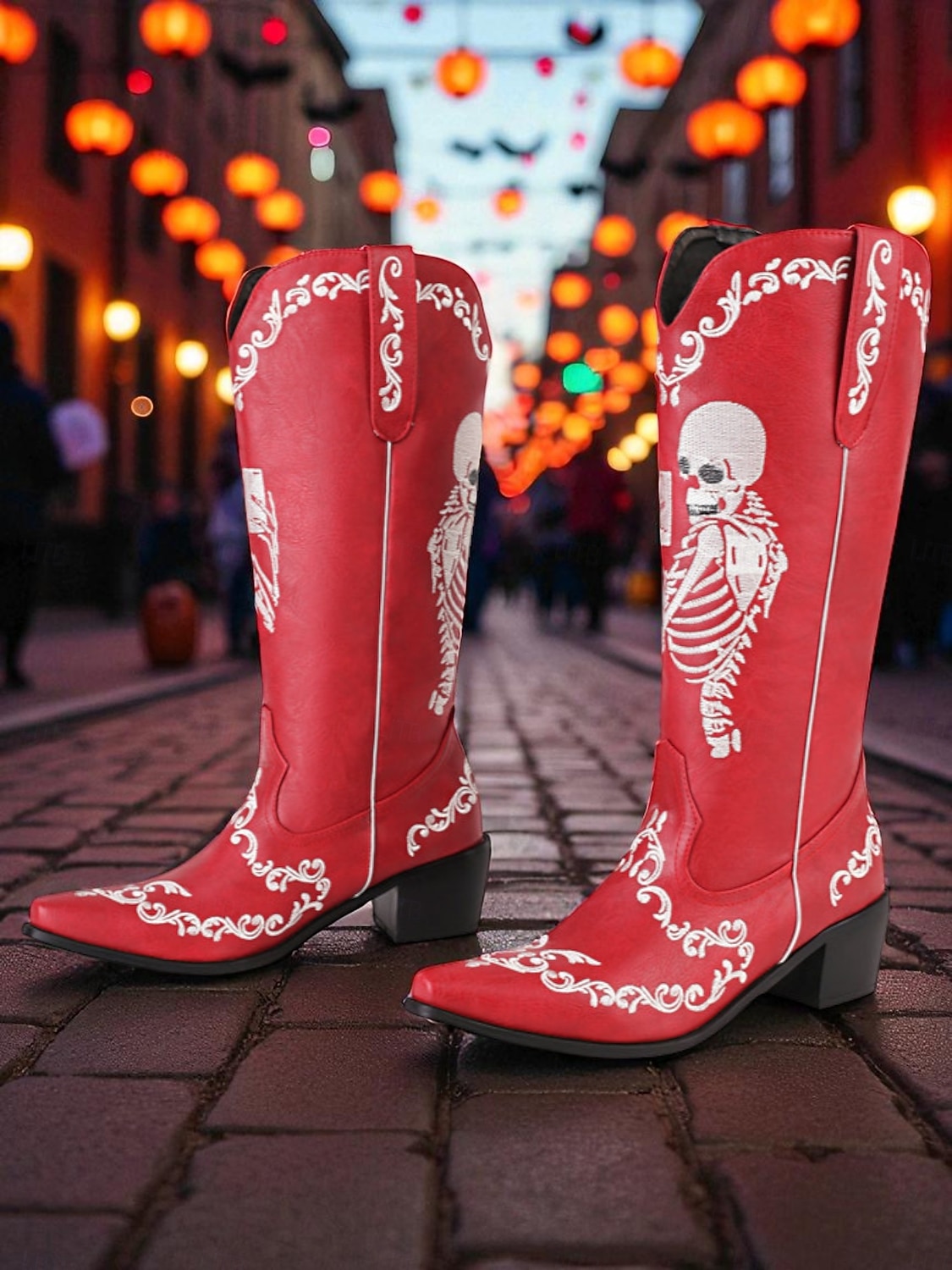 2025年 女性用ハロウィンスケルトン刺繍カウボーイブーツ - コスチュームパーティー、不気味なフェスティバル、夜のストリートスタイルに最適なゴシックウエスタンロングブーツ  コレクション – $59.99 –P2