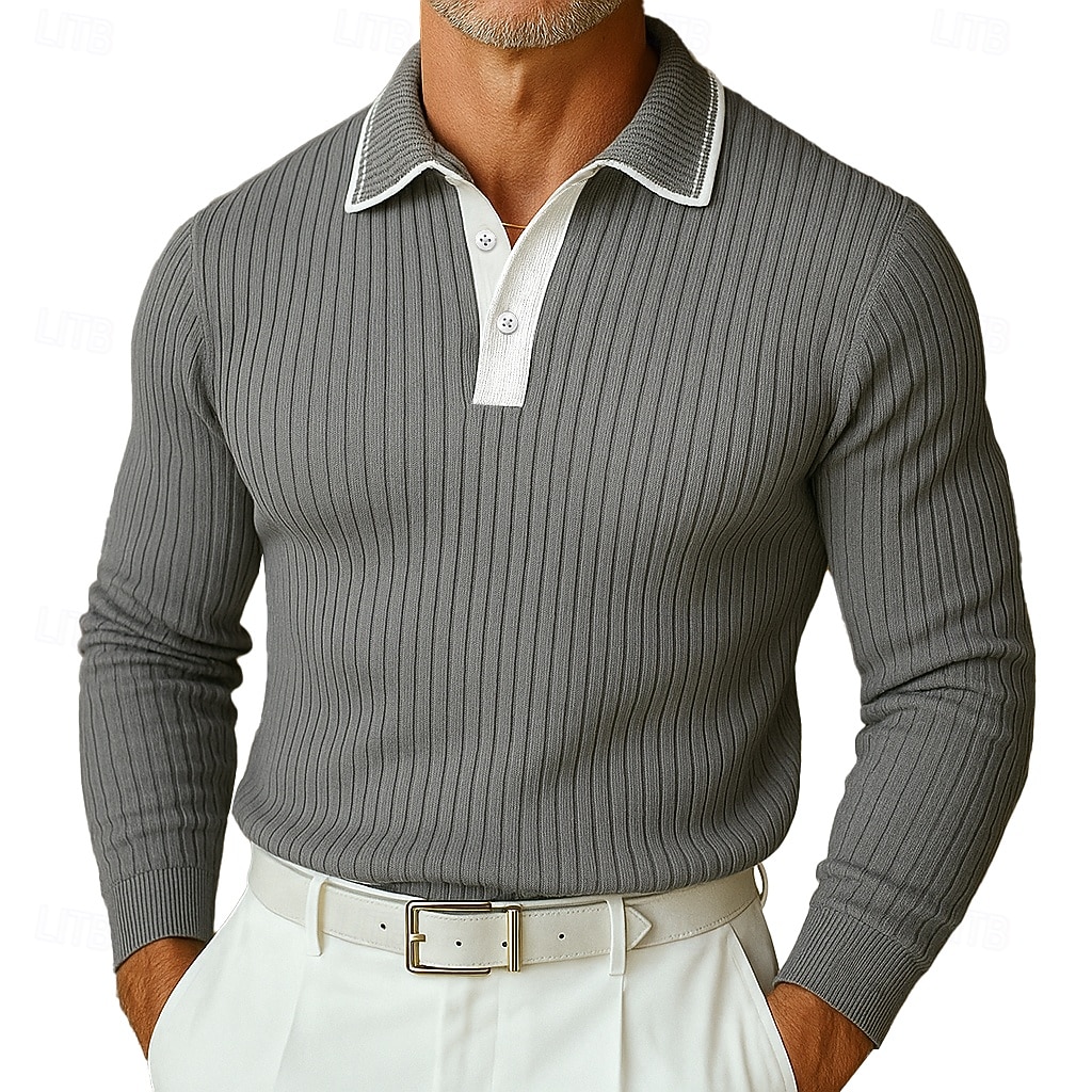 Herren Polo Rippenstrick-Top Urlaub Arbeit Umlegekragen Langarm Mode Modern Einfarbig Patchwork Frühling Herbst Frühling & Herbst Normale Passform Blau Gelb Grau Marineblau Polo 2025 - $27.99 –P2