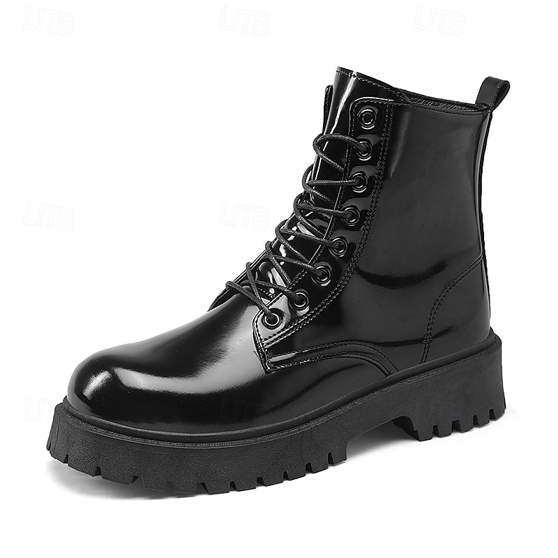 Botas con cordones para hombre de piel negra brillante con suela gruesa: imprescindibles para motociclistas, entusiastas del rock, estilo urbano informal y moda actual. 2026 - $54.99 –P3