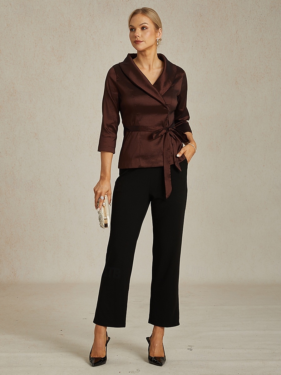 Femmes Chemisier Hauts de soirée Élégant Métallique Moderne Manche 3/4 Col en V Hauts Réguliers robe demoiselle d honneur Soirée Semi-Formel Nœud devant Marron Printemps, Automne, Hiver, Été de 2025 ? $79.99 –P5