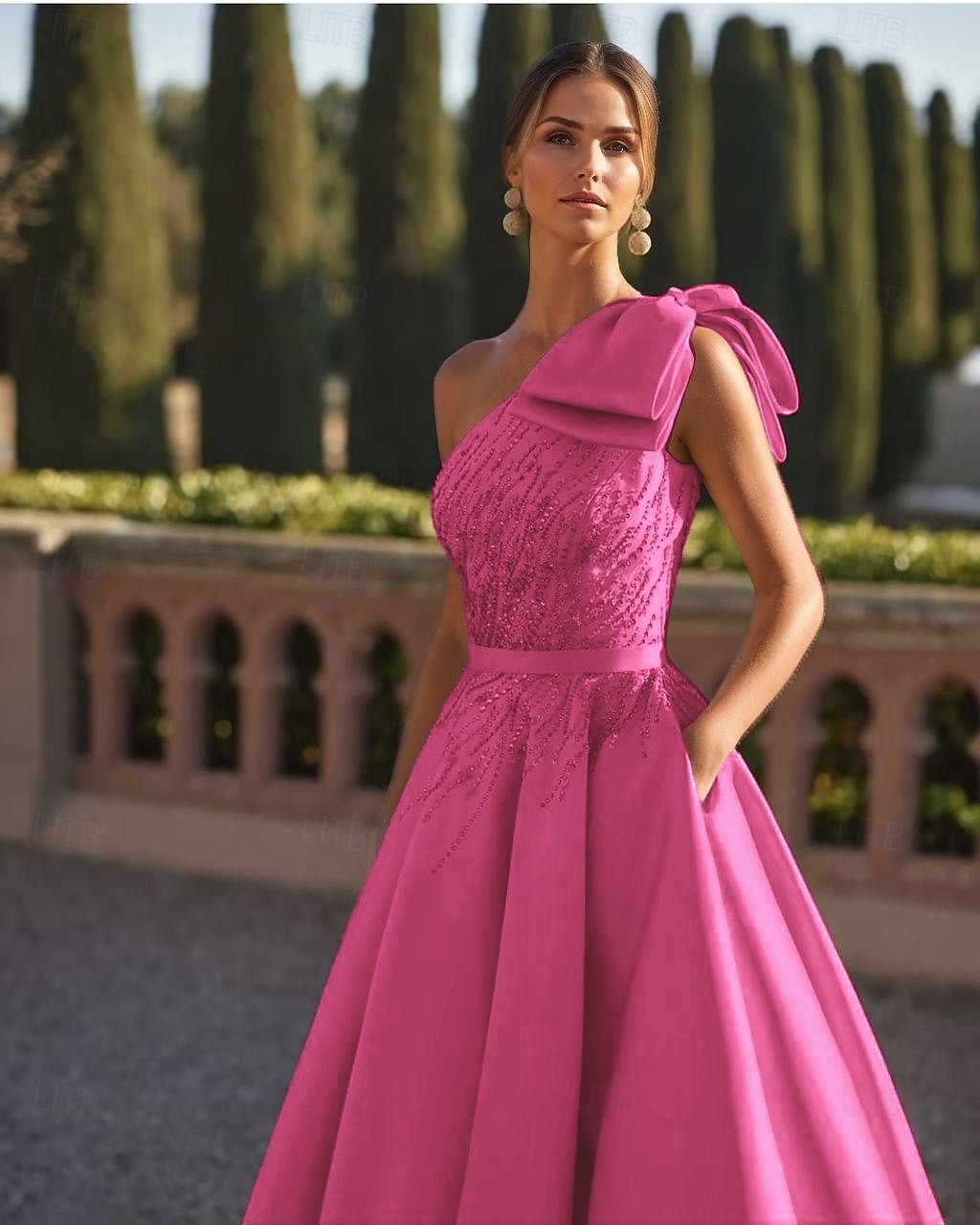 Abito da sera a-linea elegante formale per matrimoni lungo fino al pavimento senza maniche a spalla unica in raso con fiocchi glitterati e perline del 2025 a $174.99 –P4