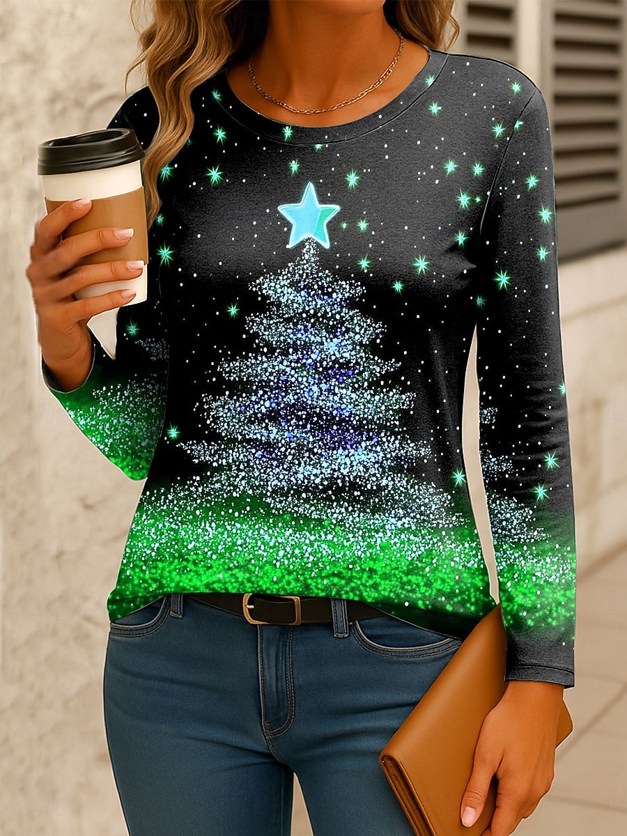 Noël Femmes T-shirt Graphique Arbre de Noël ancien Mode Élégant manche longue Col ras du cou Hauts Réguliers Quotidien Week-end Imprimé Jaune Rose Claire Rouge Bleu Vert Printemps Automne Hiver de 2025 ? $26.99 –P4