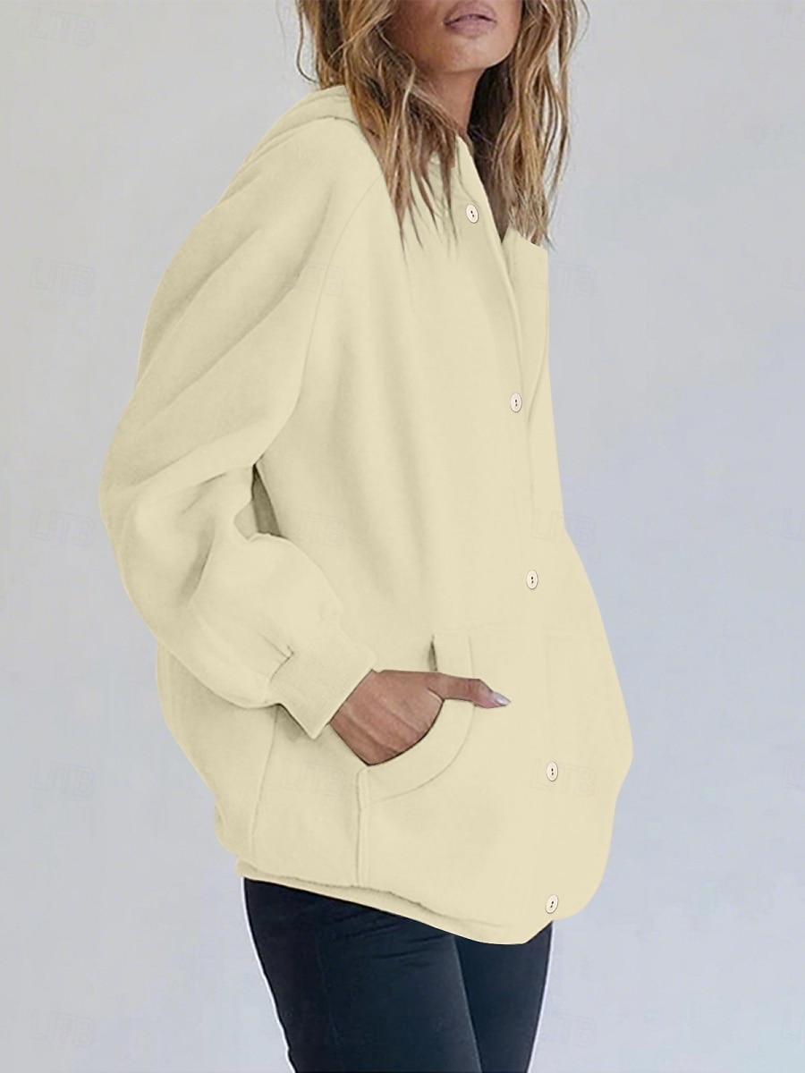 Mulheres Casaco com capuz Confortável Respirável Bolsos Botões Casual Tecido Férias Rua Casual Roupa Diária Não Trespassado Padrão Com Capuz Normal Manga Longa agasalhos Branco Amarelo Azul Primavera de 2026 por $28.99 –P7