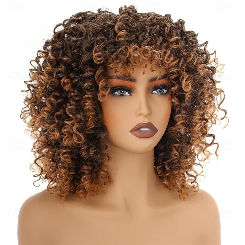 14-calowe czarno-brązowe kręcone peruki dla kobiet, krótkie, kręcone peruki afro z grzywką, naturalne, miękkie, sprężyste, puszyste, odporne na ciepło, syntetyczne włosy peruka z lat 70. na co dzień 2026 - $24.99 –P5
