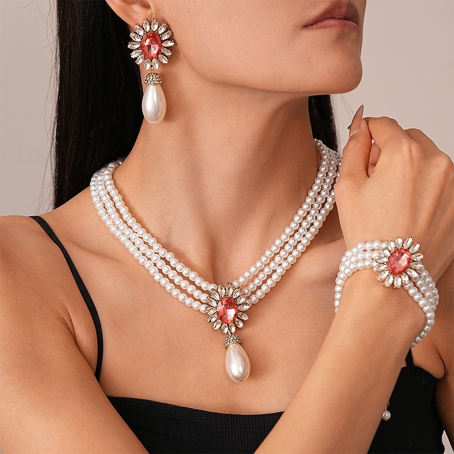 Women's Pearl Jewelry Set with Earrings, Necklace and Bracelet - Elegant Vintage Style Accessories with Crystal Accents for Ballroom Party, Wedding and Formal Events 2025 - $18.99 –P1
