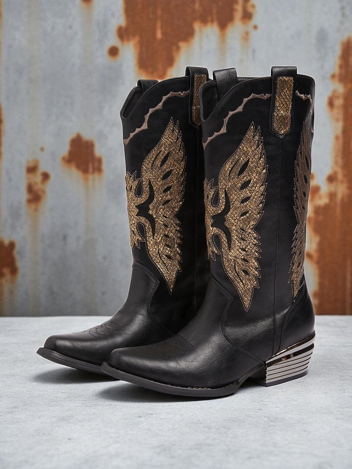 Women's Black / Gold Faux Leather Cowboy Boots with Gold Eagle Embroidery Western Style Mid Calf Riding Boots for Country Concerts and Festivals 2026 - CHF98 Women's Black / Gold Faux Leather Cowboy Boots with Gold Eagle Embroidery Western Style Mid Calf Riding Boots for Country Concerts and Festivals 2026 - CHF98