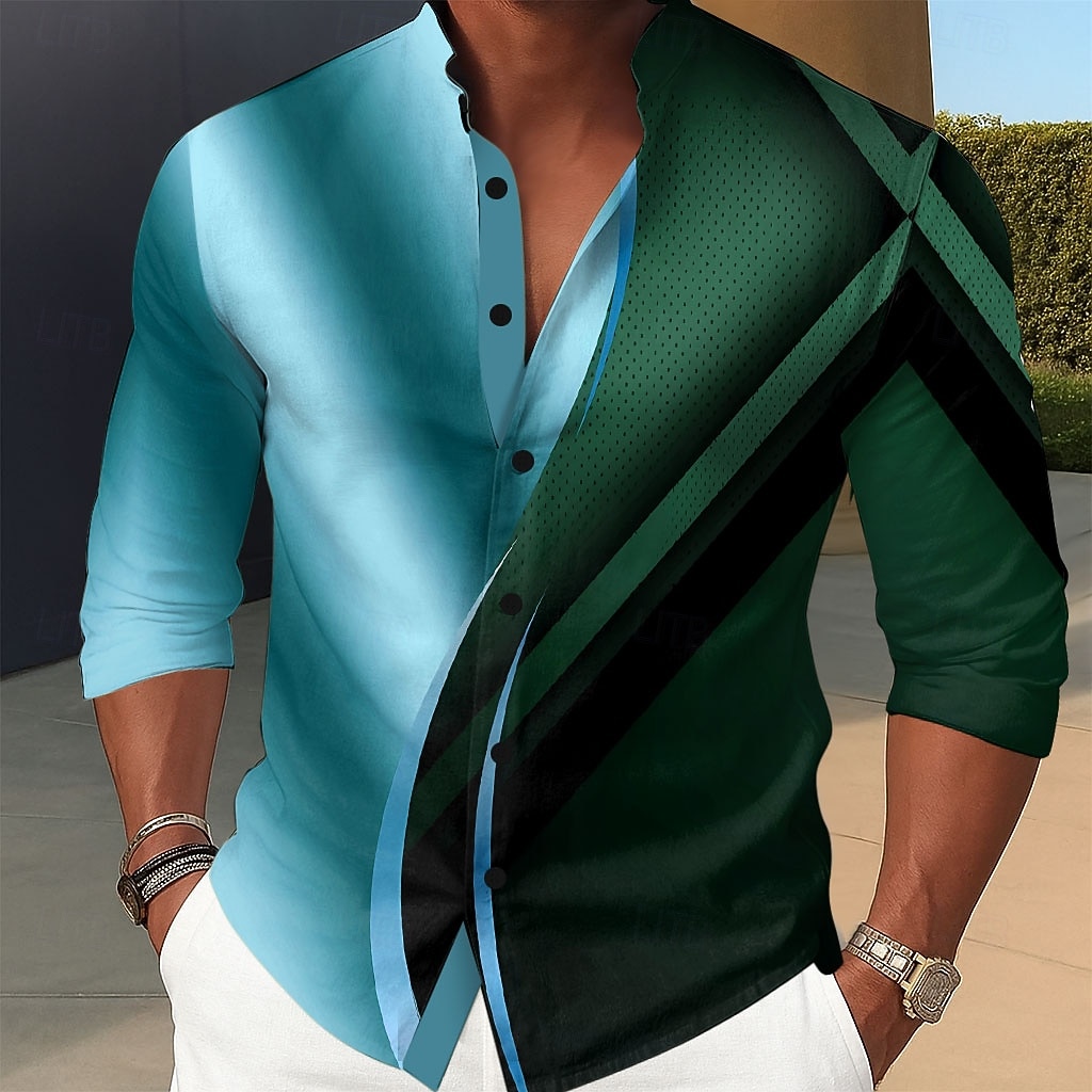 Men's Geometric Gradient Waves Shirt Stand Collar Shirt Long Sleeve Fashion Casual Dailywear Holiday Spring Fall Mandarin Collar Band Collar 3D Print Button Up Shirts Blue Purple Gold Gray 2025 - $25.99 –P3