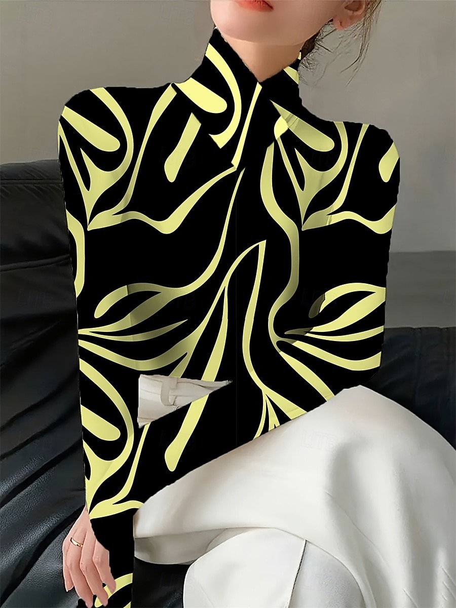 Mujer Camiseta Graphic Geometría Elegante Vintage Casual Manga Larga Cuello Alto Tops regulares Noche Azul Piscina Blanco Amarillo Rojo Otoño Invierno 2026 - $25.99 –P1
