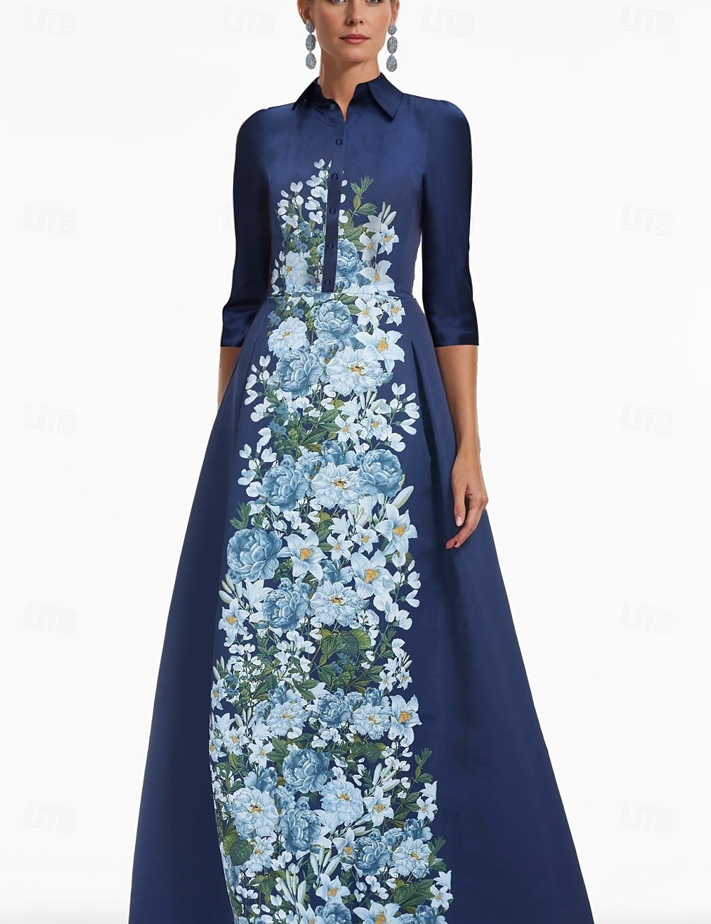 Linia -A Lungime Podea Rochii Tip Cămașă Rochie pentru invitata de nunta Rochie formala Rochie Mama Miresei Manșon Lung Guler Cămașă Elegant Epocă Nuntă Oficial Satin cu Imprimeu Floral 2026 - $183.99 –P2