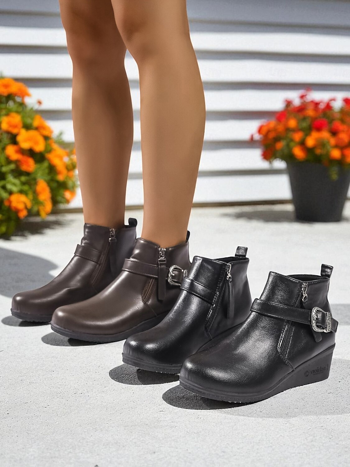 Dámské Boty Denní Kotníkové boty Booties Přezky Klín Oblá špička Na běžné nošení Minimalismus Umělá kůže Zip Spona Černá Hnědá 2025 - $32.99 –P7