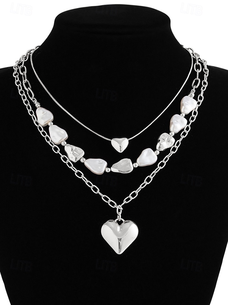 Damen-Mehrfachkette mit Herzanhänger – goldenes Kettenhalsband mit Perlenakzenten, Modeschmuck für Partys, Verabredungen und den Alltag 2025 - $9.99 –P8