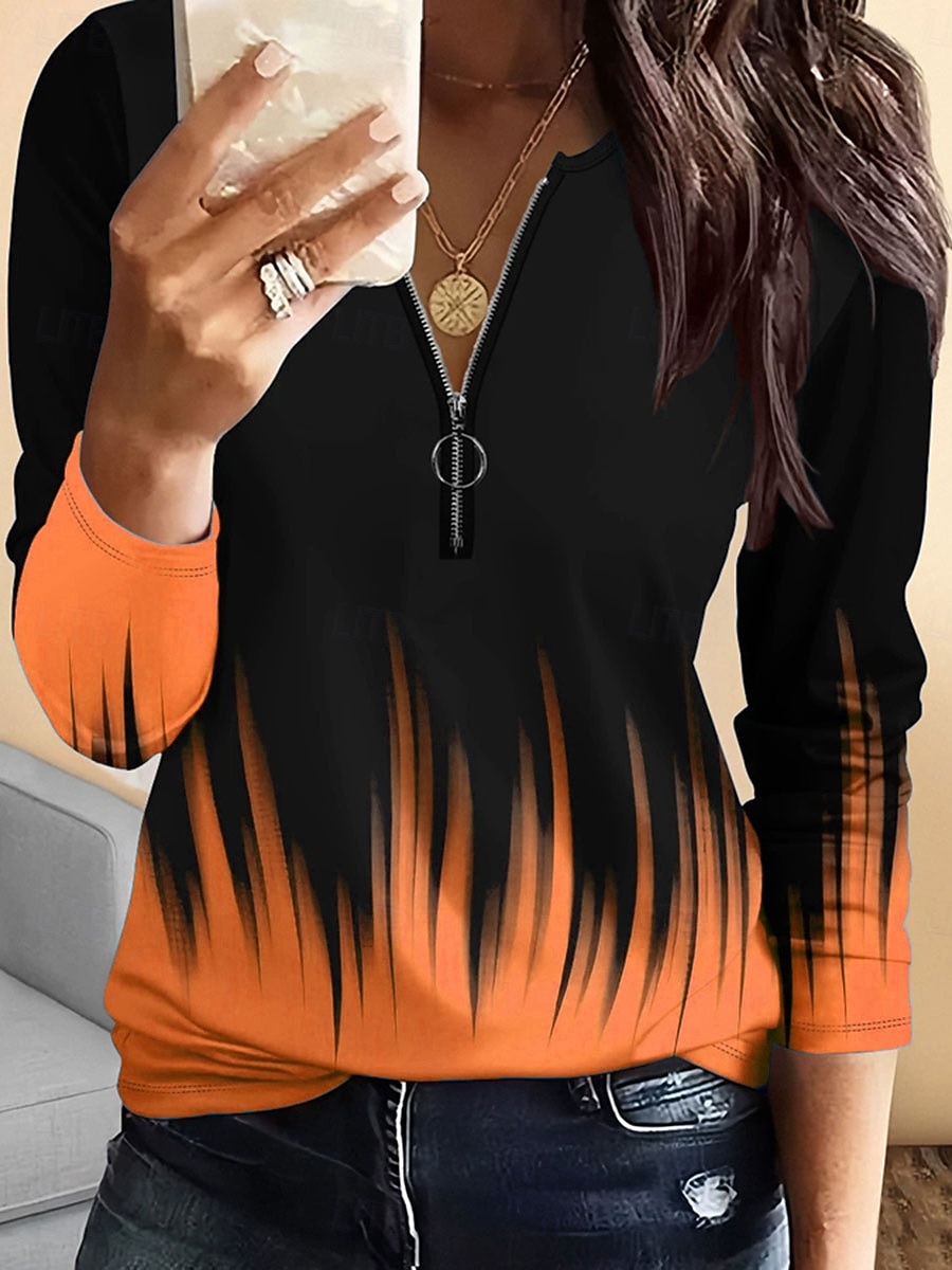 Femmes T-shirt A Ombre Graphique ancien Mode Élégant manche longue Col ras du cou Hauts Réguliers Quotidien Fermeture éclair Imprimé Jaune Bleu Violet Orange Vert Printemps Automne Hiver de 2025 ? $23.99 –P5