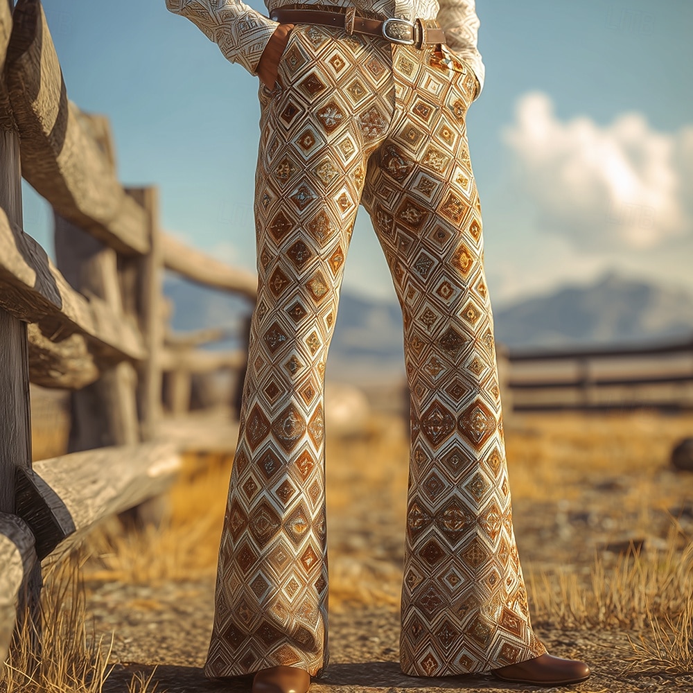 Men's Geometric Grid / Plaid Ethnic Disco Pants 60s 70s Bell Bottoms Mid Waist Western Vintage Retro Outdoor Vacation Casual Side Pockets Flared Leg Pants Trousers Spring Fall 3D Print Brown khaki 2026 - $29.99 –P2