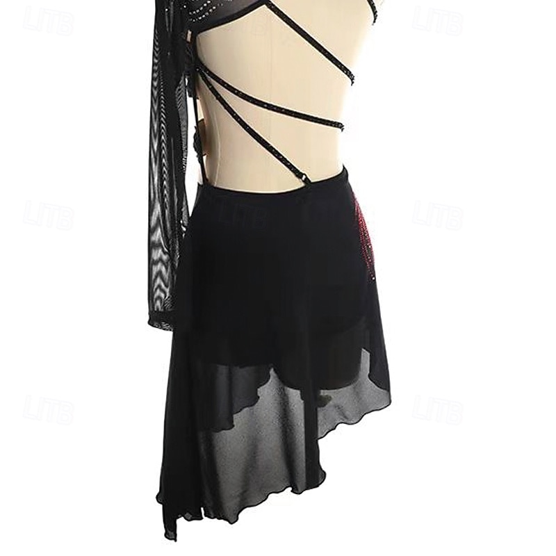 2026年 フィギュアスケート ドレス 女性用 女の子 アイススケート ドレス ブラック パッチワーク 指穴付き メッシュ スパンデックス 伸縮性あり 訓練 レッスン用 プロフェッショナル スケートウェア 保温 クリスタル・ラインストーン 長袖 アイススケート フィギュアスケート  コレクション – $274.59 –P7