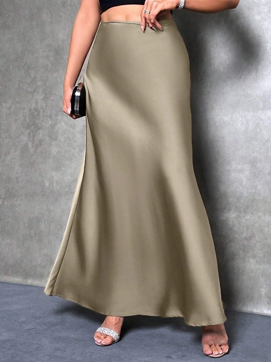 Women's Satin Skirts Elegant Fashion Maxi High Waist Skirts Plain Micro-elastic Party Street Black Fuchsia Green Khaki Spring 2026 - $25.99 –P1