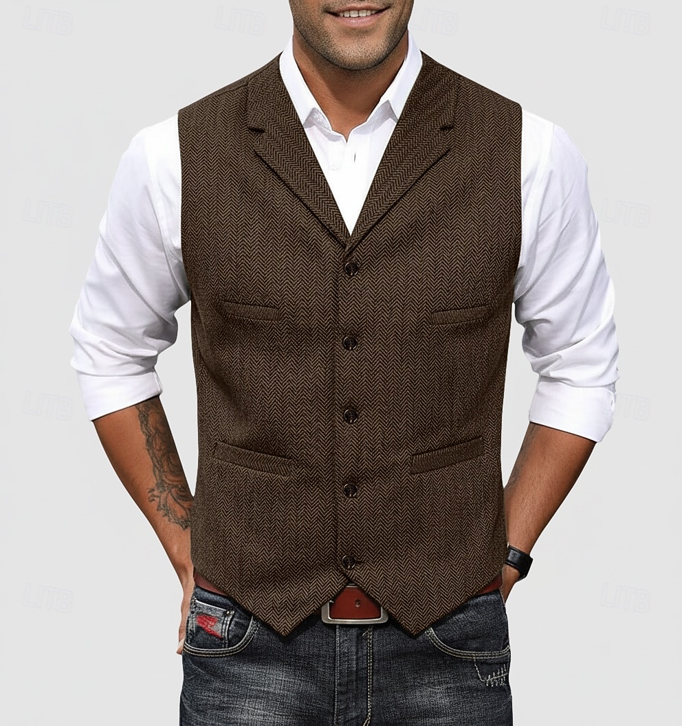 Per uomo Gilet in tweed Gilet Formale Matrimonio Vacanza Casuale Vintage Moda Primavera Autunno Tasca Bottoni Poliestere Tweed Confortevole Semplice Spina di Pesce Monopetto Scollo a V Con intaglio del 2026 a $37.99 –P5