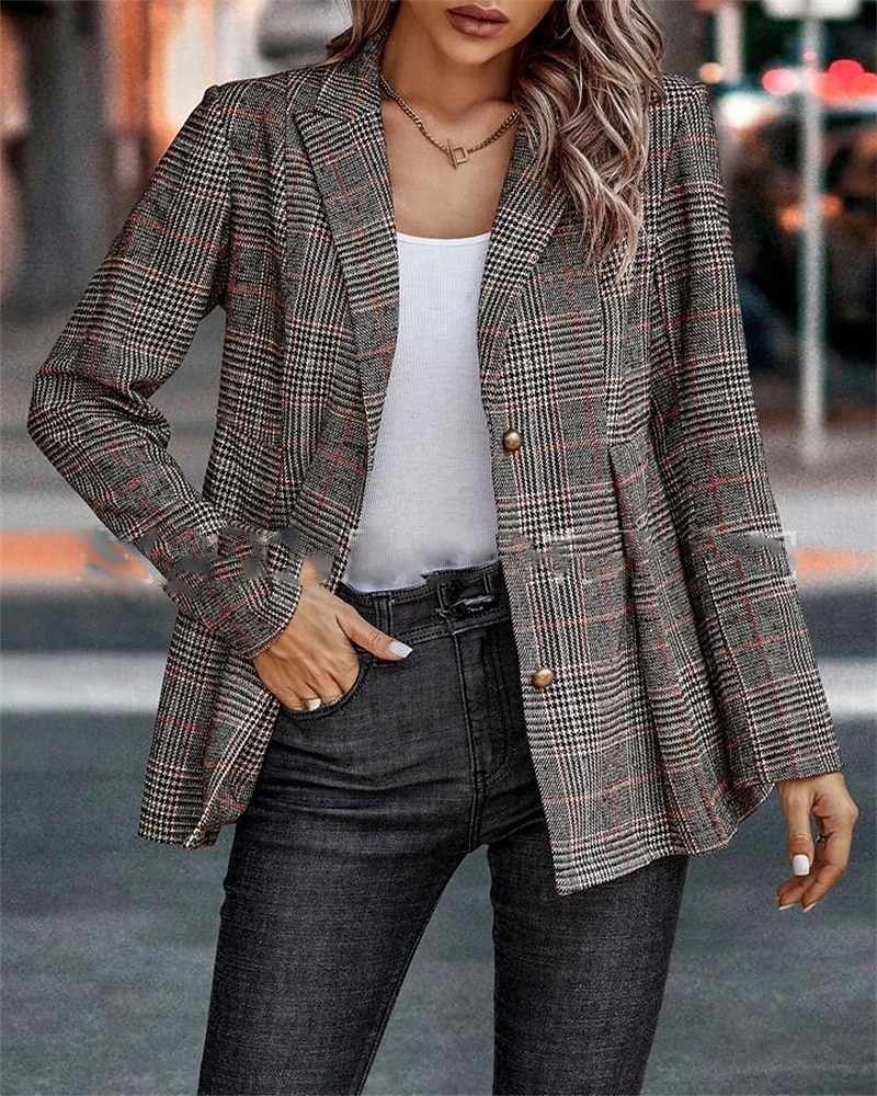 Dam Kavaj Bekväm Knappar Elegant Mode Utomhus Galler Utekväll Ledigt / vardag Helgen Cardigan Normal Kavajslag Normal Långärmad Ytterkläder Svart Orange Vår Höst 2025 - $27.99 –P2