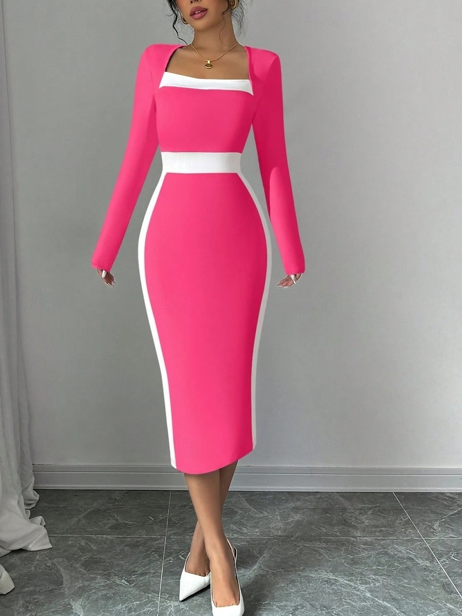 Dam Midiklänning Sheath Dress Ledigt Helgdag Utekväll Normal Randig Långärmad Fyrkantig hals Svart Fuchsia Mörkblå Vår Höst Vinter 2025 - $29.99 –P4