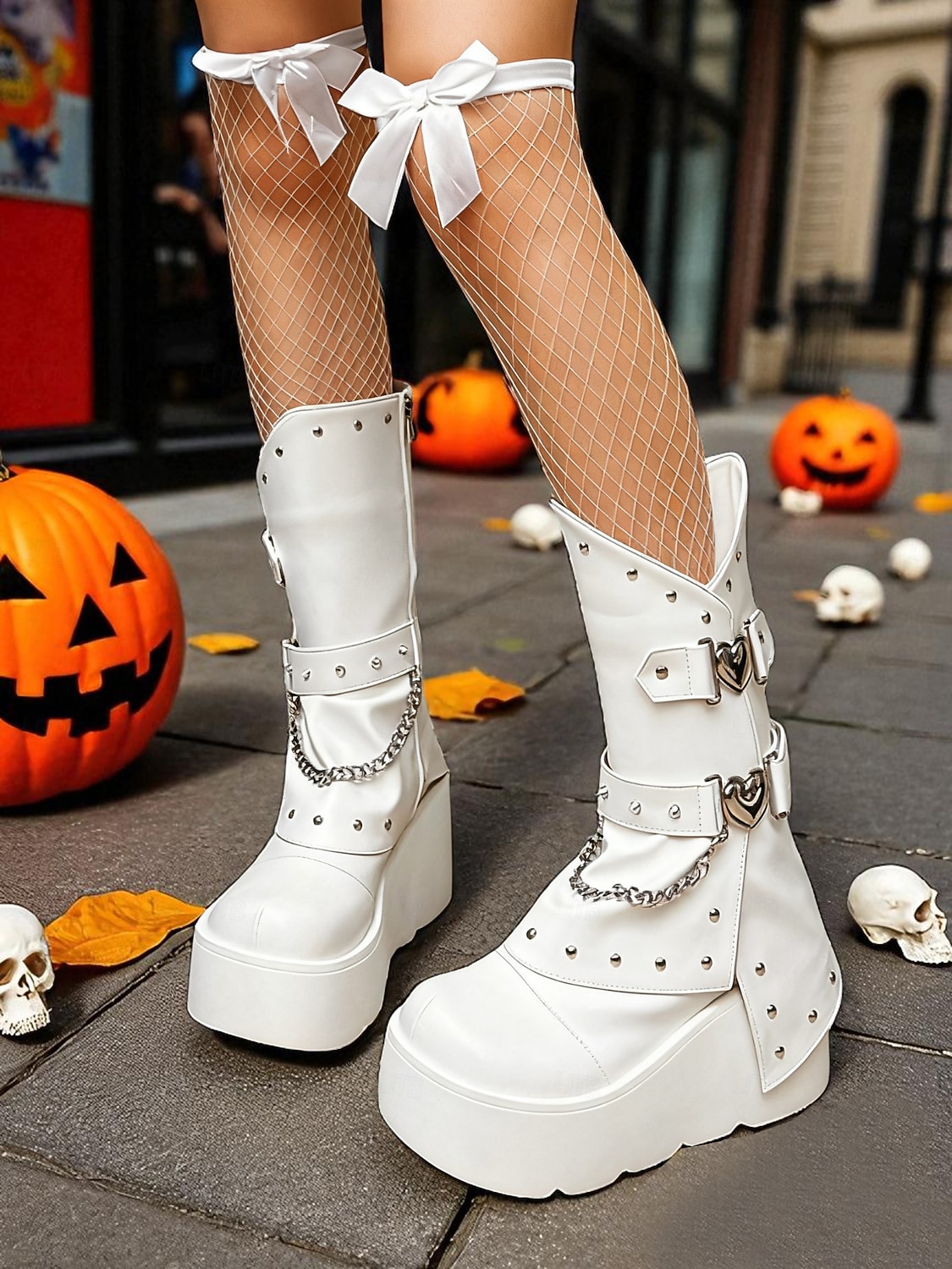 Dámské gotické kozačky na platformě do poloviny lýtek, punk rock, nýtový řetízek, černobílé boty na halloweenskou párty, cosplay kostým, noční klub, streetwear a gotickou módu 2025 - $59.99 –P3