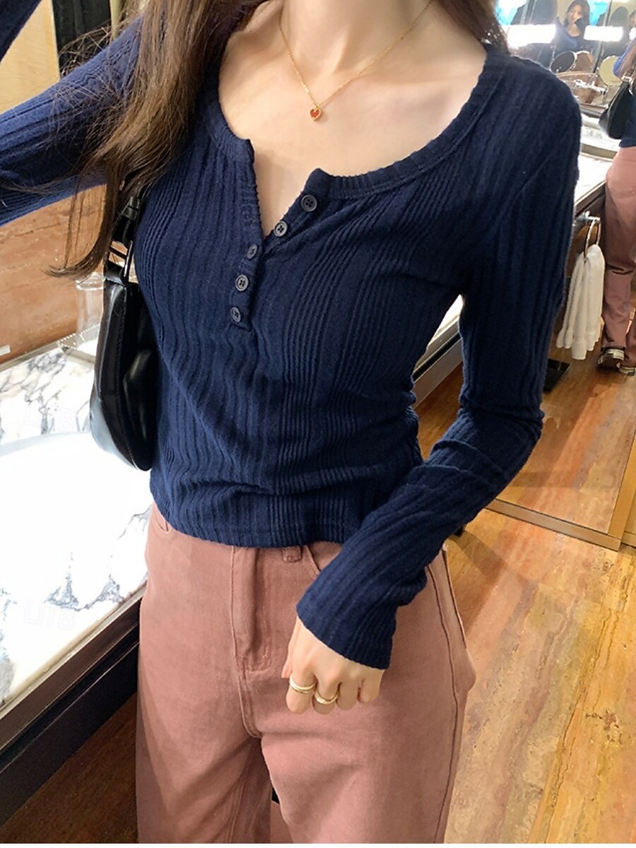Damen Bluse Knöpfe Einfarbig Stilvoll Lässig Langarm Rundausschnitt Normale Oberteile Täglich Marineblau Dunkelgray Grau Frühling Herbst Winter 2026 - $21.99 –P9