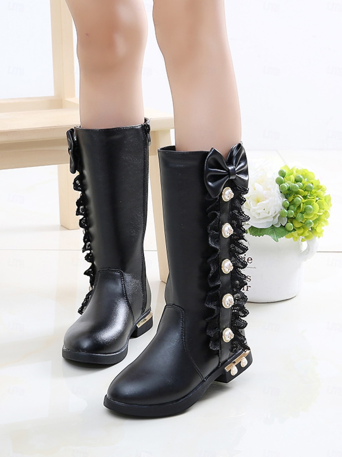 Rode kniehoge laarzen voor meisjes met strik en kantversiering - elegante schoenen met parelknoop voor kerstfeestjes voor kinderen, vakantie-outfits 2025 - $32.99 –P6