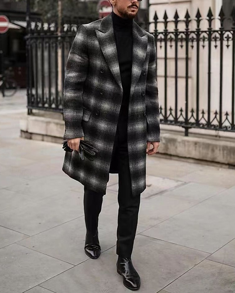 Men's Overcoat Trench Coat Long Trench Coat Vacation Daily Fall Winter Polyester Windproof Warm Outerwear Clothing Apparel Fashion Classic Plaid Pocket Lapel Open Front 2026 - $69.99 –P4