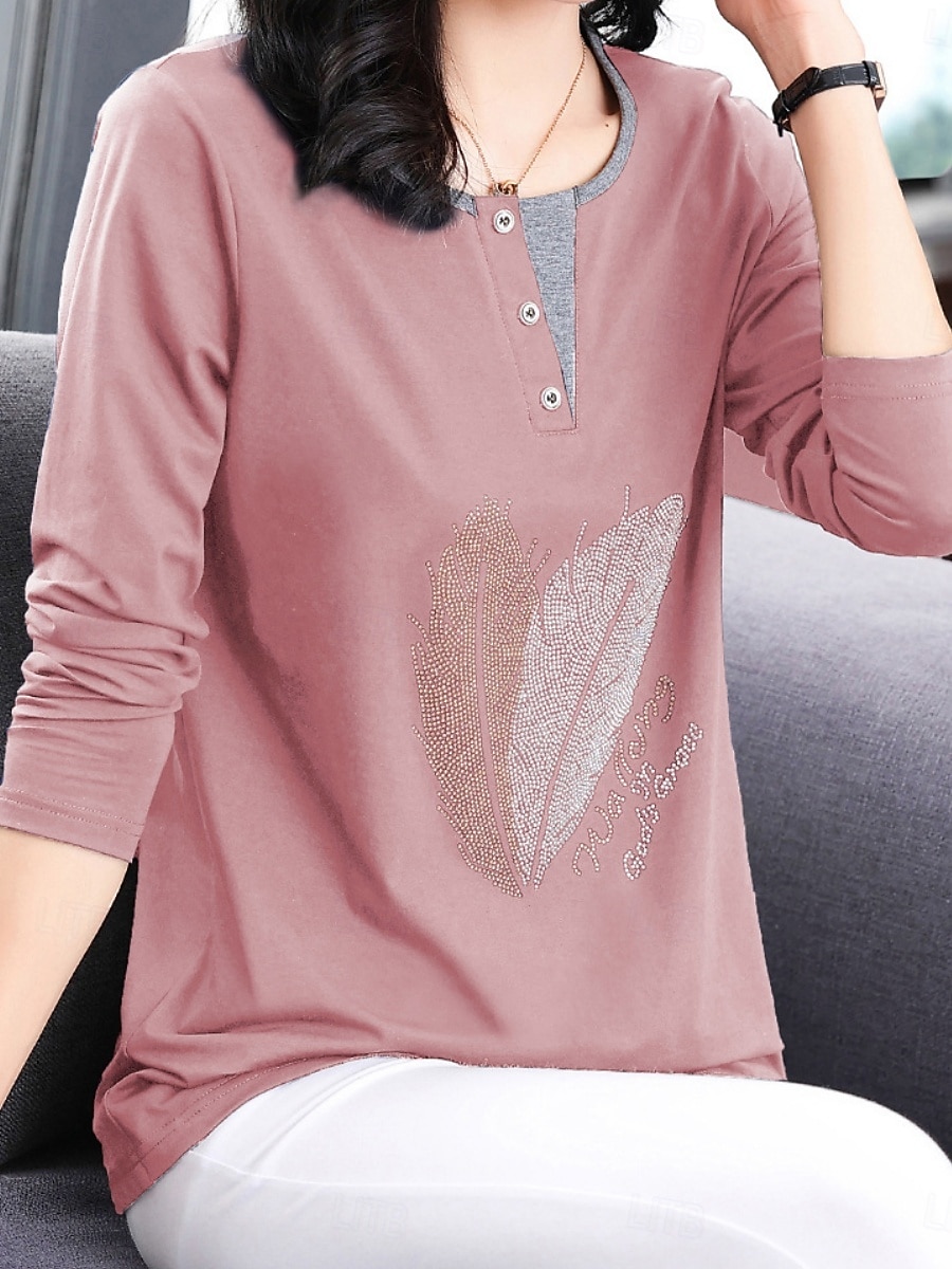 Damen Bluse Feder Stilvoll Lässig Langarm Rundhalsausschnitt Normale Oberteile Täglich Patchwork Salbeigrün Schwarz Rosa Rote Königsblau Frühling Herbst 2025 - $12.99 –P7