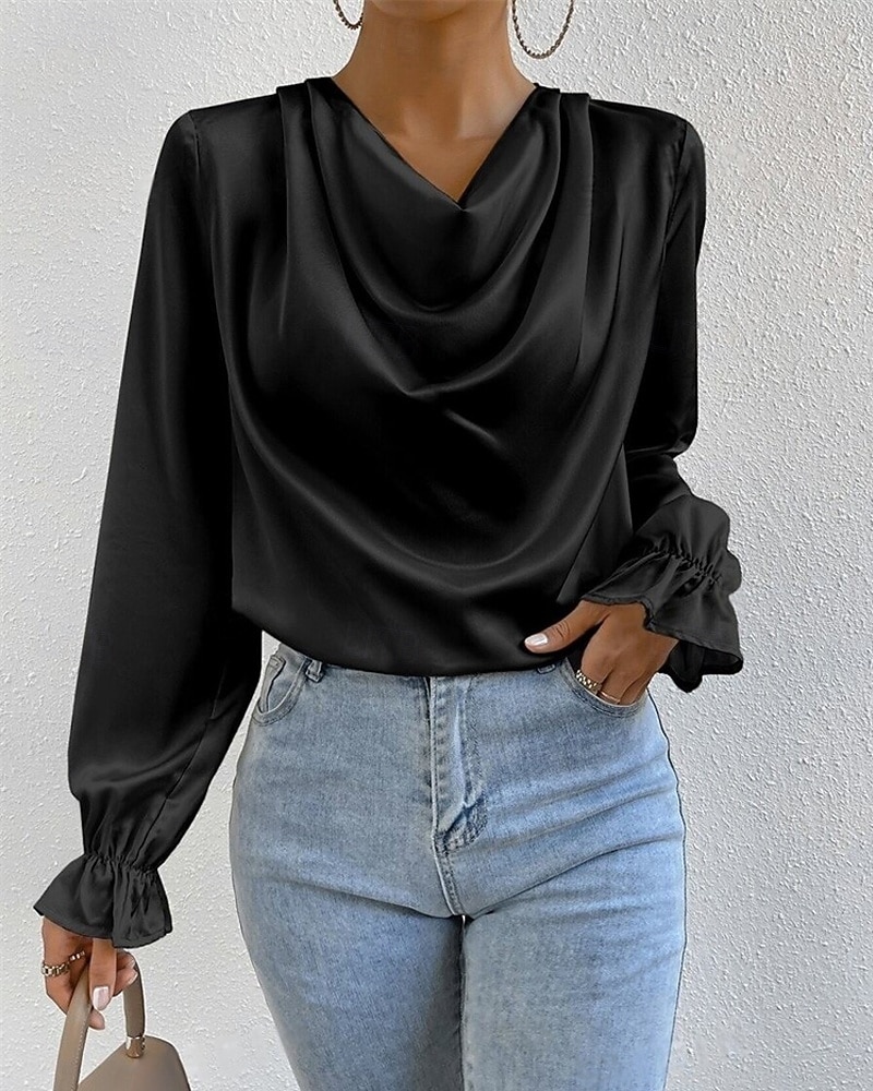 Femmes Chemise Chemise en satin Uni Élégant Occasionnel manche longue Col Bénitier Hauts Réguliers Quotidien Sortir Drapé Noir Rose Claire Vert Abricot Printemps Automne de 2025 ? $18.99 –P8