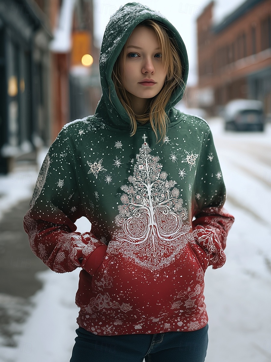 Sweatshirt à Capuche Femme Noël Arbre de Noël Flocon de Neige Graphique Tribal Décontracté Manches Longues Capuche Hauts Réguliers Fête Soirée Rue Quotidien Vert Printemps Automne Hiver de 2025 ? $33.99 –P1
