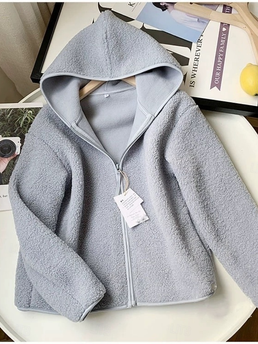 Mulheres Jaqueta sherpa Jaqueta casual Casaco com capuz Confortável Respirável Zíper Casual Tecido Férias Rua Casual Roupa Diária Zíper Padrão Com Capuz Normal Manga Longa agasalhos Azul Claro Preto de 2025 por $36.99 –P8