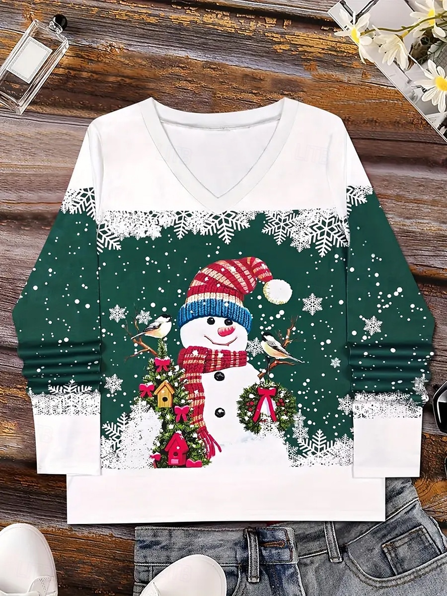Noël Femmes T-shirt Graphique Bonhomme de neige ancien Élégant Classique manche longue Col en V Hauts Réguliers Quotidien Imprimé Vert Printemps Automne Hiver de 2025 ? $26.99 –P2