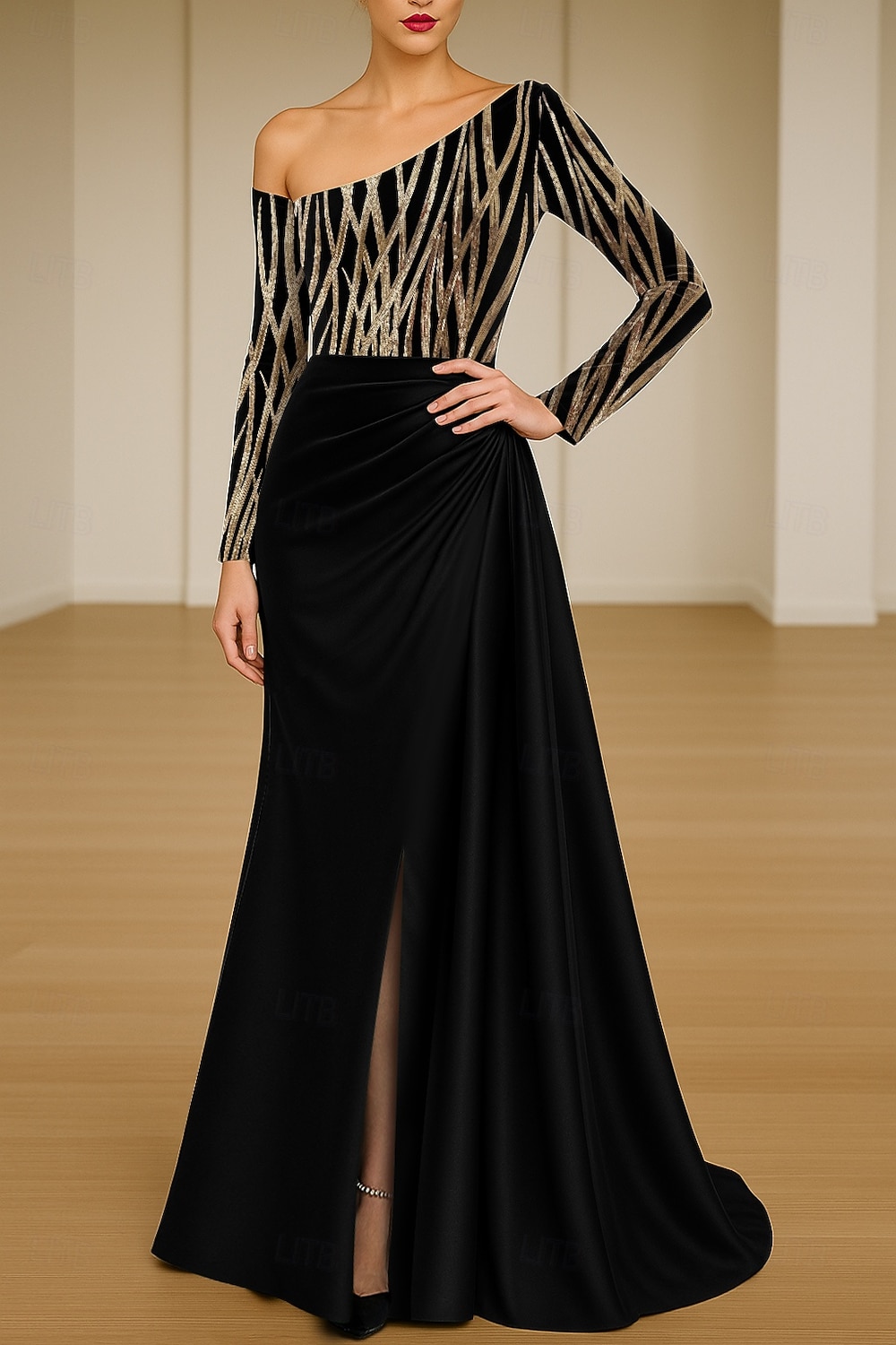 Linha A Vestidos de noite Elegante Traje formal Formal Casamento Cauda Escova Manga Longa Assimétrico Cetim com Pregas Franzido 2025 de 2025 por $159.99 –P1
