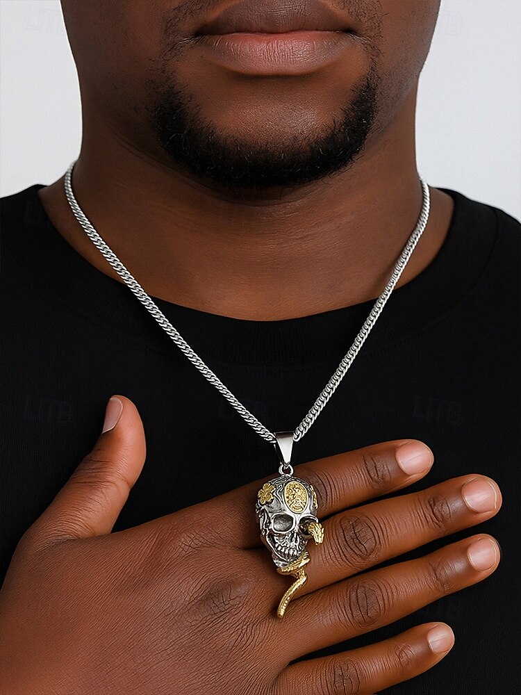 Collana con ciondolo a forma di serpente e teschio di Halloween da uomo, gioielli in lega in stile punk gotico per feste, cosplay e festival del 2025 a $9.99 –P1