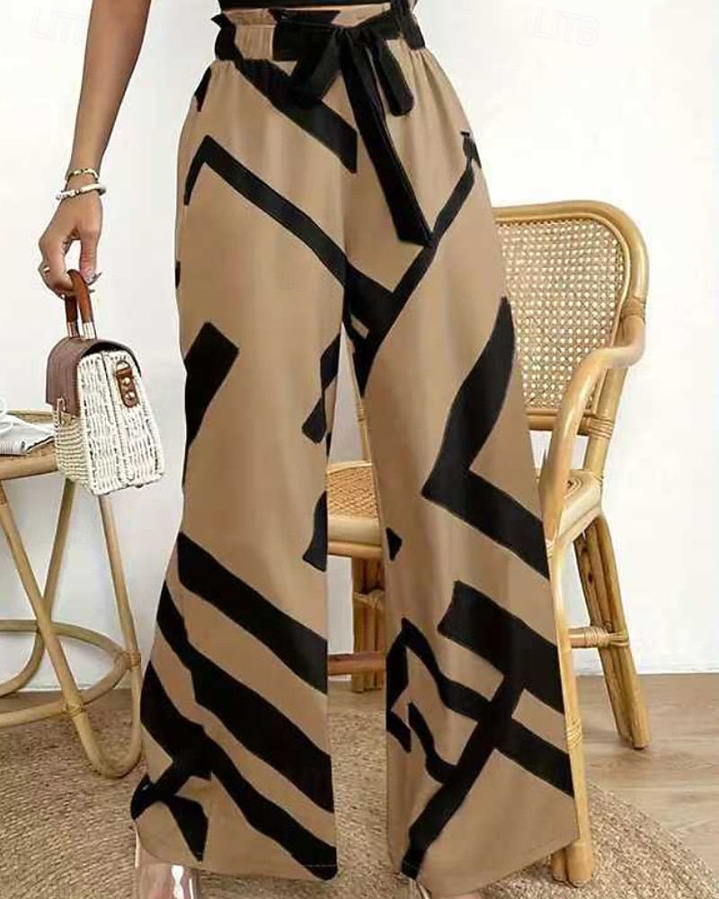 Women's Culottes Wide Leg Chinos Streetwear Casual Full Length Medium Waist Geometric Pattern Elastic Waist Comfortable Micro-elastic Daily Outdoor Street Brown Spring Fall Loose Fit 2026 - $19.99 –P1