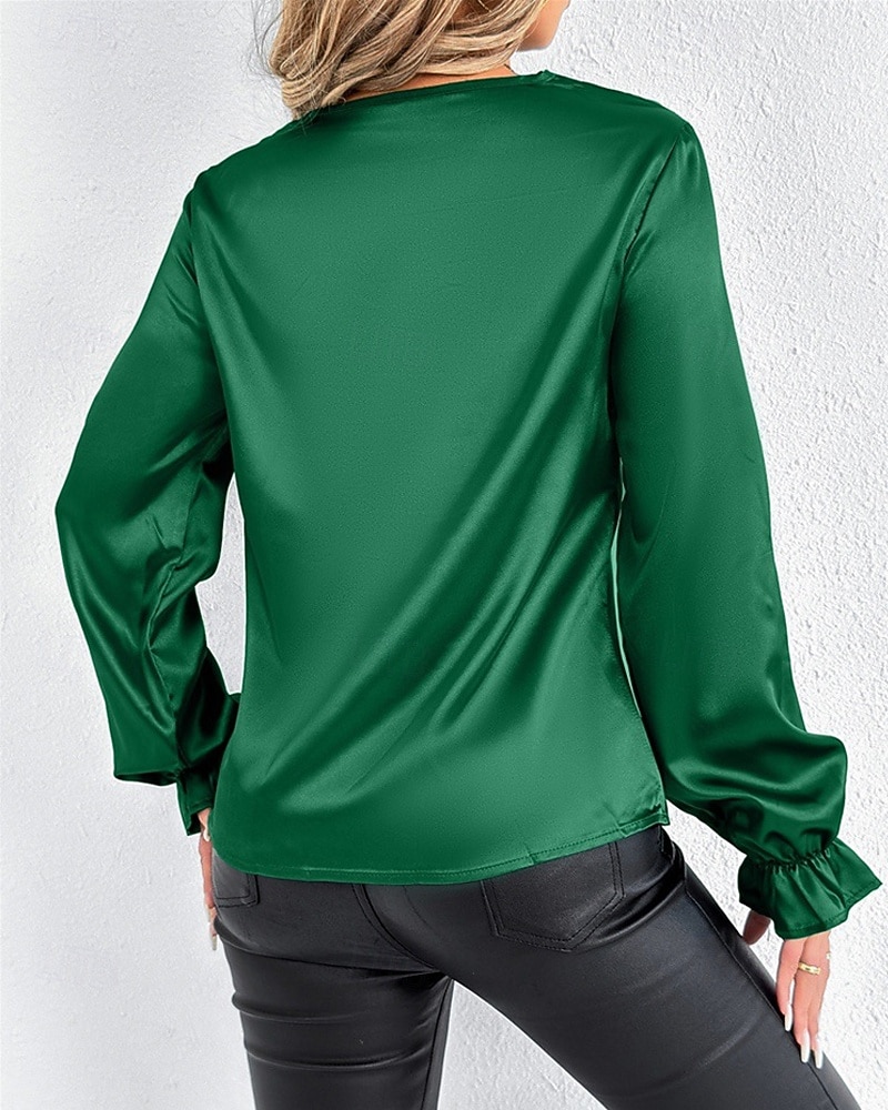 Жен. Рубашка Elegant Нарядный Атласный верх Драпировка Сплошной цвет Стиль На каждый день Длинный рукав Вырез-хомут Обычные топы Повседневные На выход Черный Розовый Зеленый Абрикосовый Весна Осень 2026 - $27.99 –P3