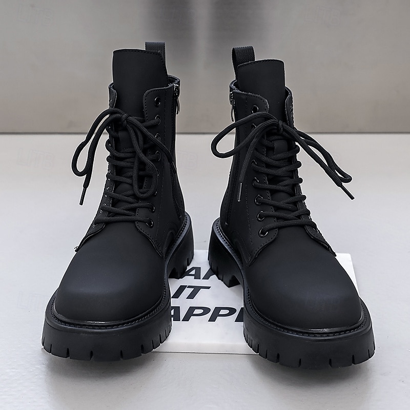 Svarte herrestøvler med snøring og glidelås på siden til kamp, slitesterkt kunstskinn, militærinspirert stil for utendørs-, arbeids- og streetwear-mote 2025 - $59.99 –P14